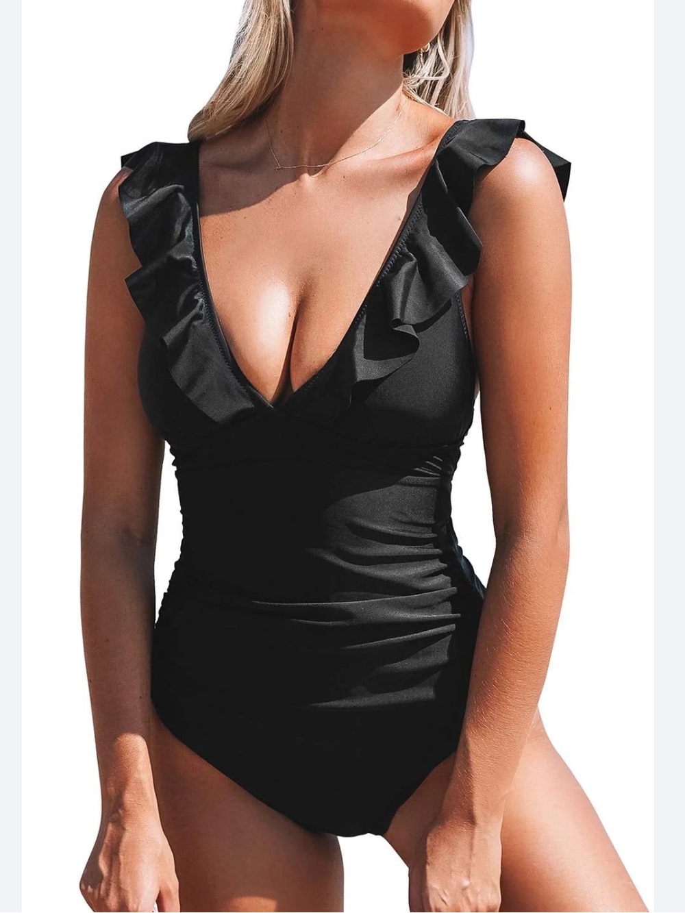 Cupshe Women's Black Ruffled Lace up V Neck One Piece Swimsuit Bathing Suit